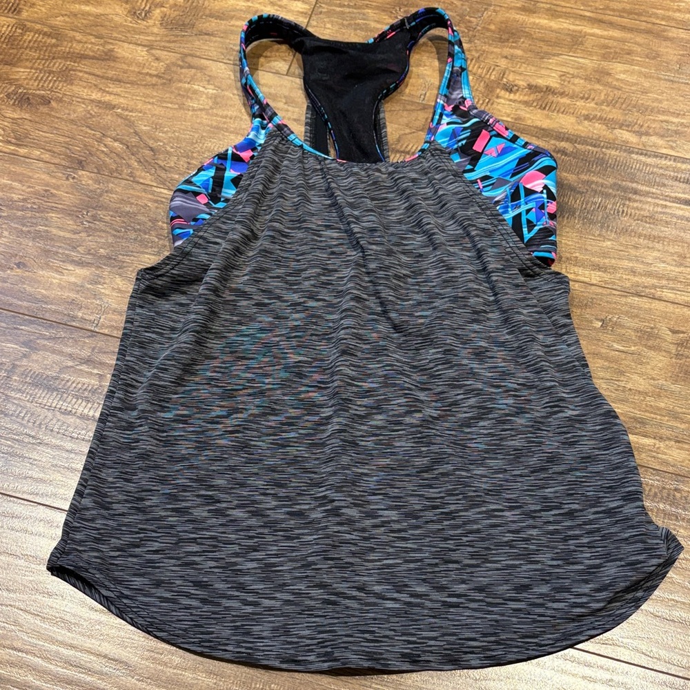 TYR grey, black and Vibrant Racerback Tank Top